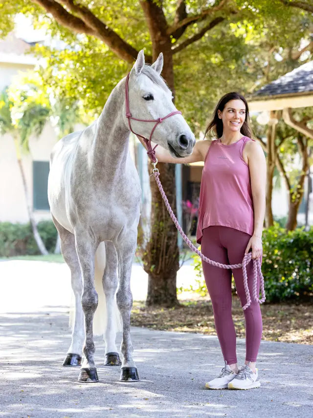LeMieux Rope Halter Blossom: Woman & Grey Horse in Equestrian Fashion. Equiflair Store.