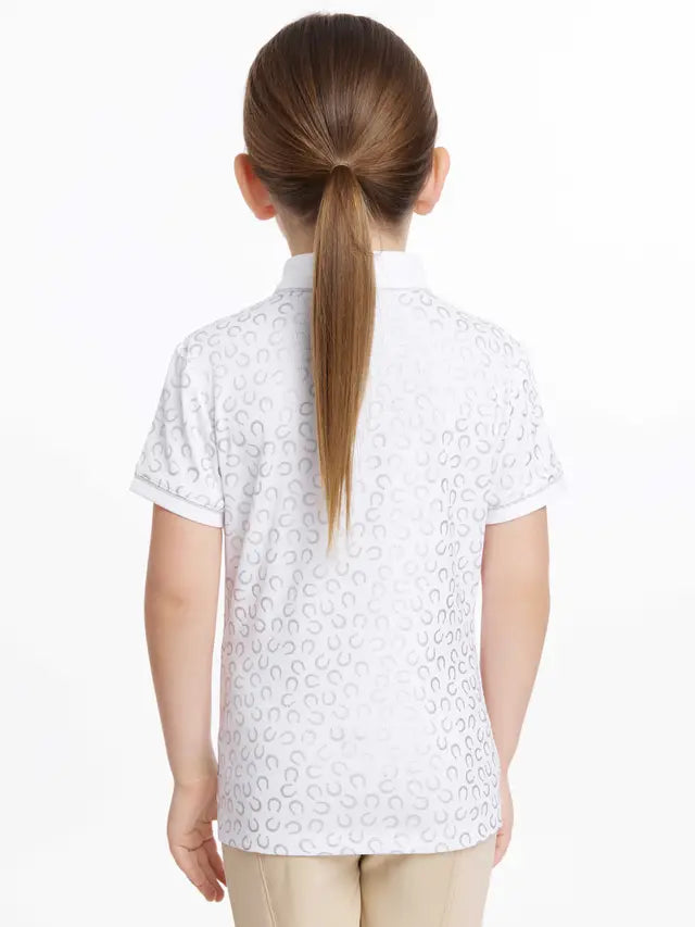 Lemieux Mini Bella Equestrian Show Shirt - White Polo with Horseshoe Print - Girl's Riding Apparel