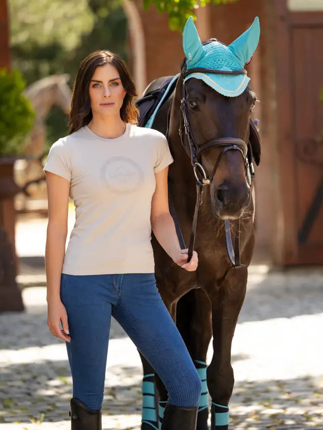 Equiflair: LeMieux Classique Stone T-Shirt. Slim-fit, sweat-wicking, anti-odor equestrian top.