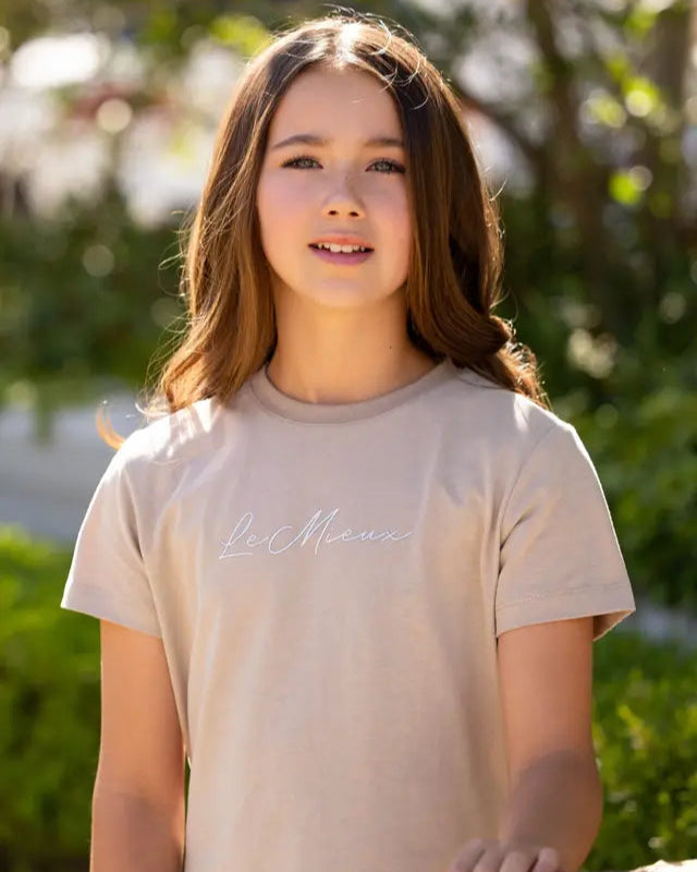 LeMieux Young Rider Arianna T-Shirt Almond: Girl wearing the stylish LeMieux tee shirt