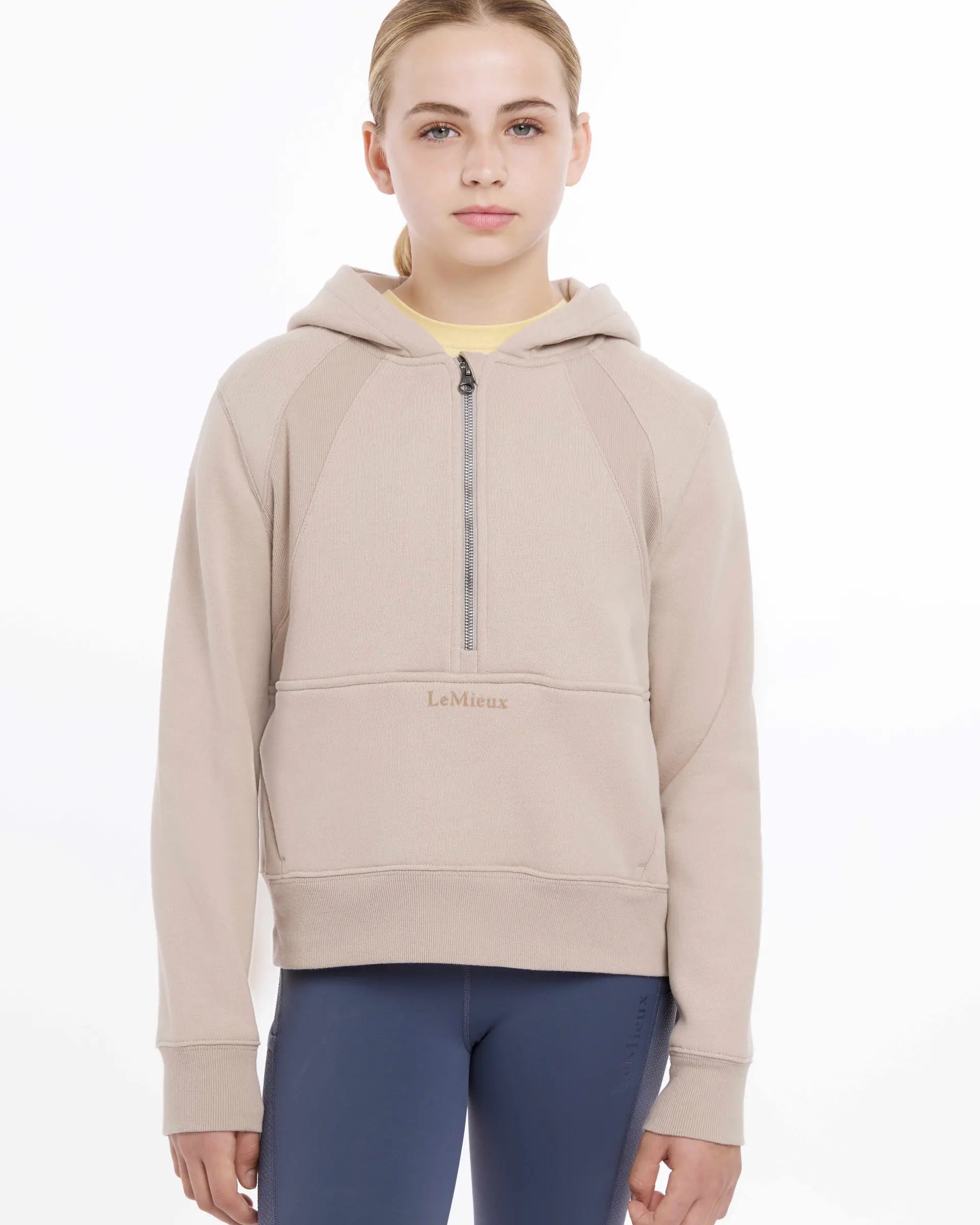 LeMieux Young Rider Harriet Pop Over Hoodie in Almond. Equiflair children's equestrian apparel.