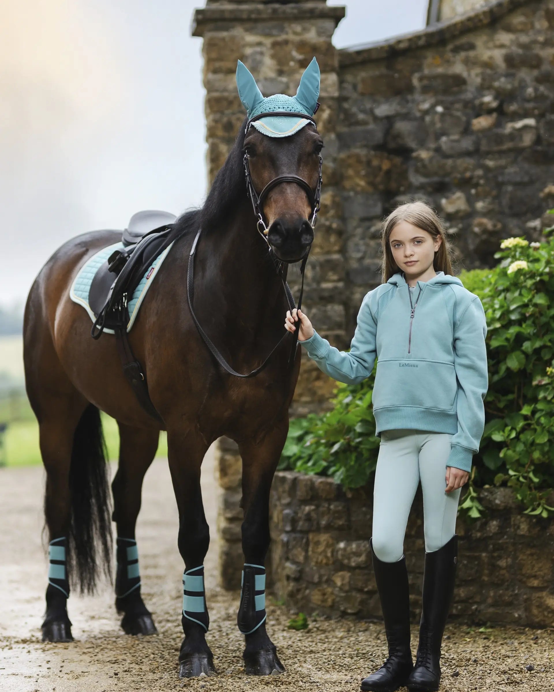 LEMIEUX Young Rider Lagoon Hoodie with horse. Equestrian apparel for kids. Girl with Horse in matching riding outfit.