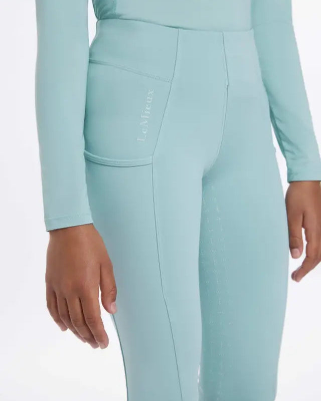 LEMIEUX YOUNG RIDER ORLA PULL ONS AQUA riding leggings. Youth equestrian apparel, breathable, grip, comfortable