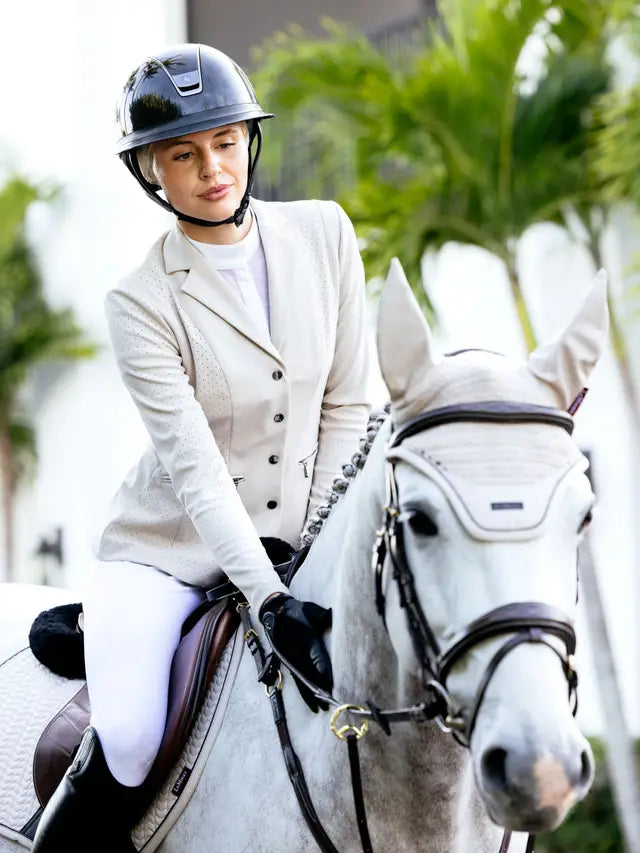 Equestrian: Woman in LeMieux Jessica Mesh Show Jacket Stone by Equiflair. Riding Apparel, Horse Show Jacket