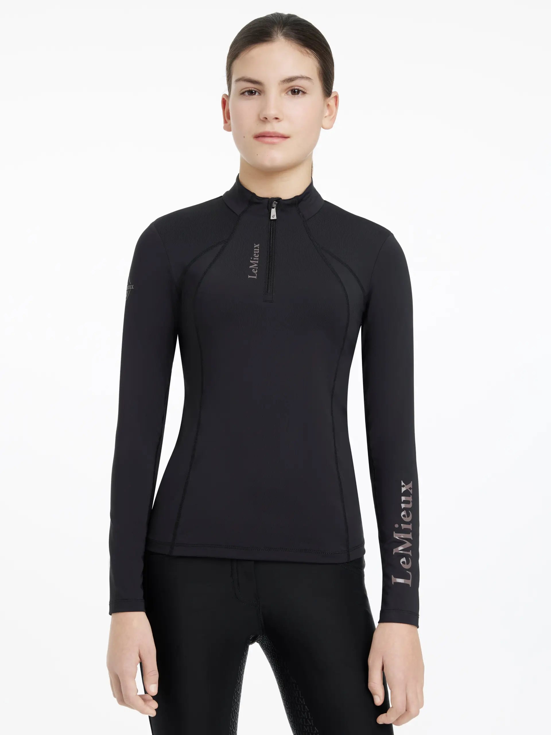 LeMieux Young Rider Classique Black Base Layer: UV50+, Sweat-Wicking, Anti-Microbial Quarter-Zip Riding Shirt for Youth