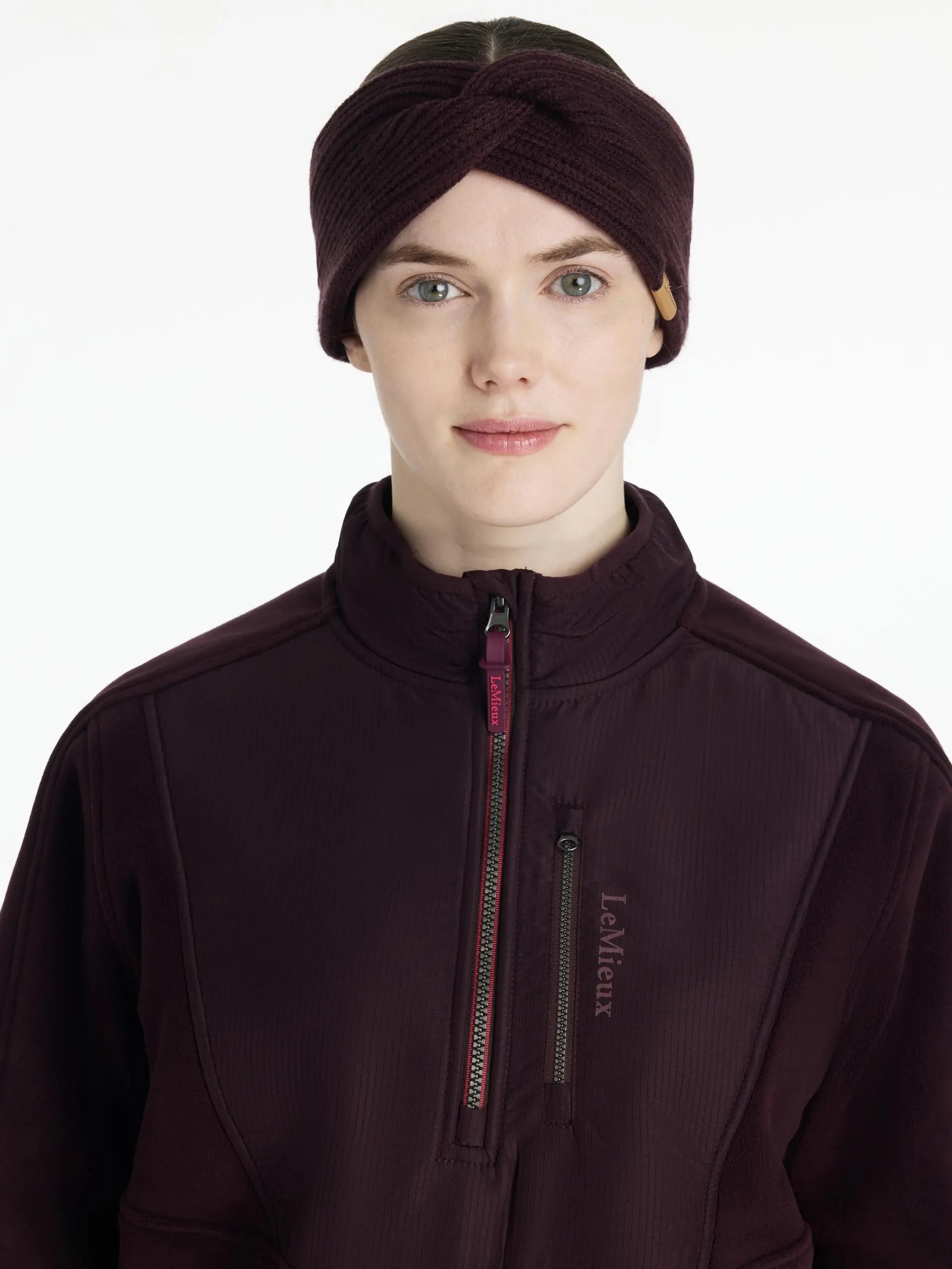 LeMieux Clara Rib Knot Headband Damson: Stylish winter warmer for horse riders. Fleece Lined Knit Headband
