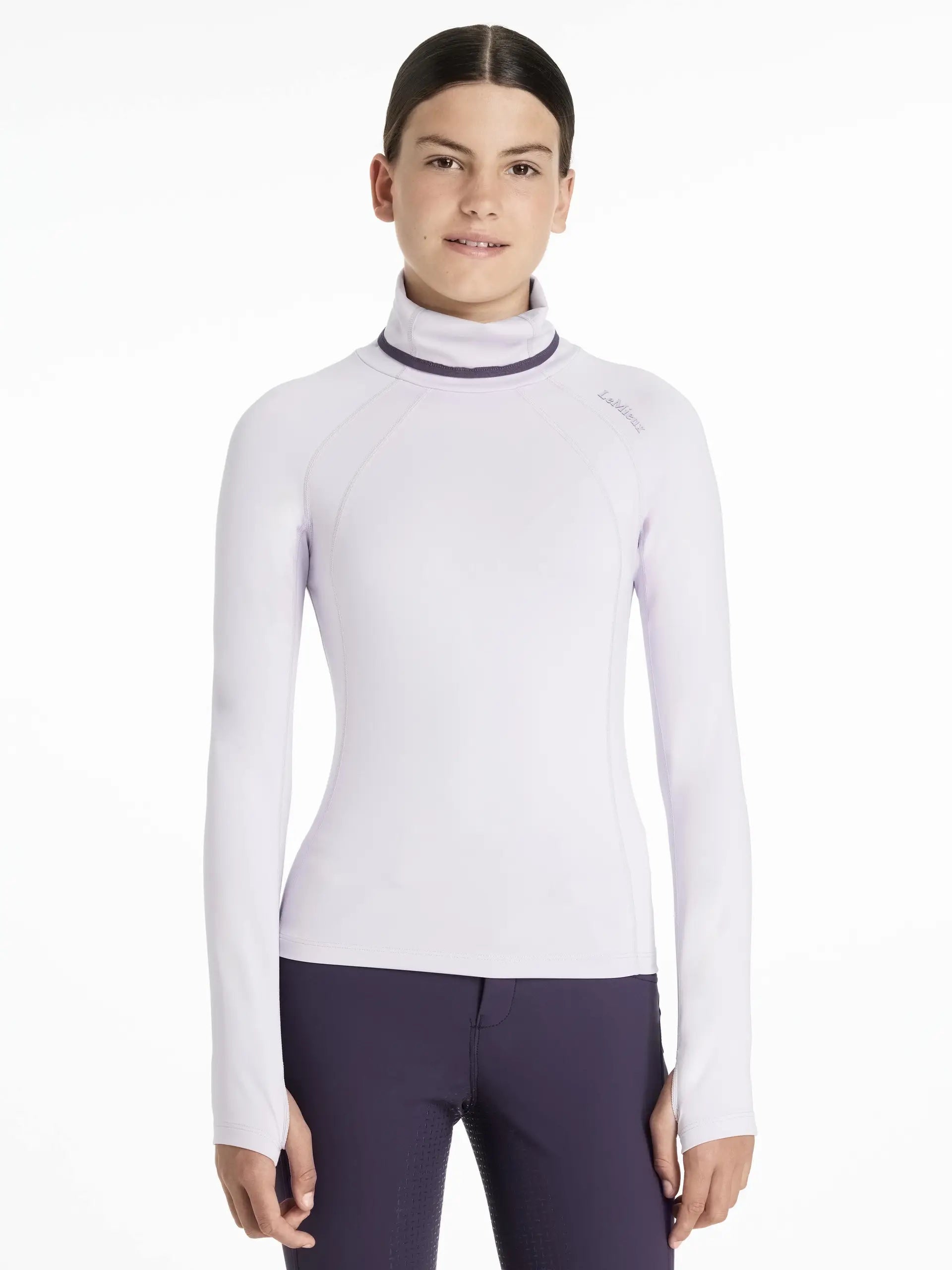 LEMIEUX Young Rider Savannah Snood Base Layer Lilac: Equestrian apparel for youth. Face protection, UV30+, sweat-wicking.