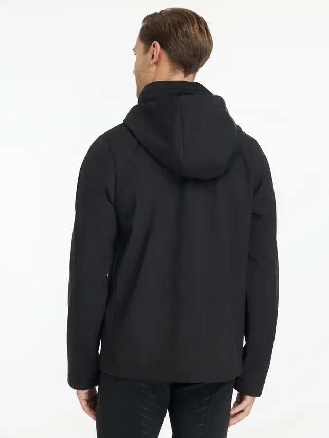 LeMieux Mens Softshell Jacket Black: Water Resistant, Hooded, Tailored Fit. Equestrian Apparel