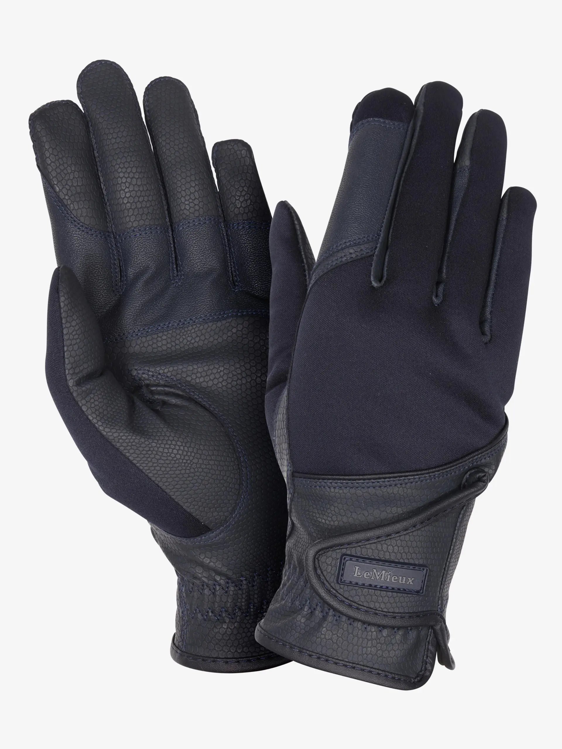 LEMIEUX HYBRID RIDING GLOVES NAVY: Fleece-lined, soft shell winter gloves for equestrian activities.