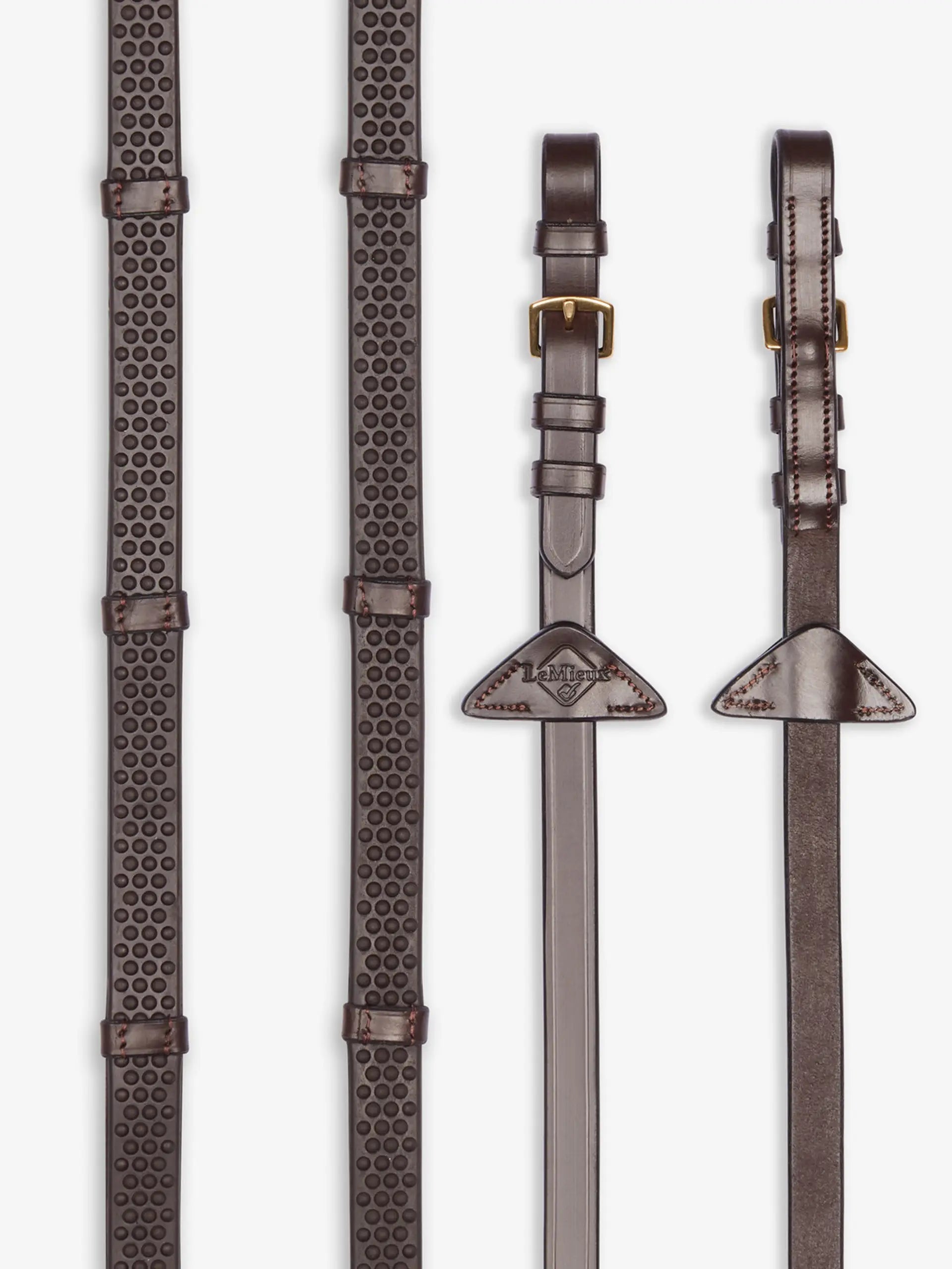 LeMieux Soft Rubber Reins with Stoppers - Brown/Brass - Horse Riding Reins for Grip
