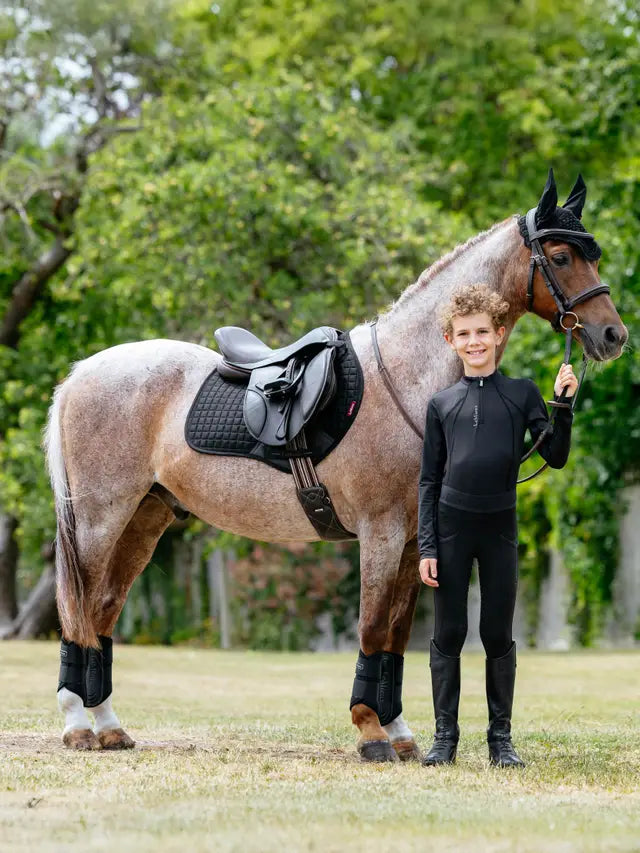 LEMIEUX MINI SUEDE CLOSE CONTACT SQUARE BLACK saddle pad on pony, child rider, Equiflair equestrian