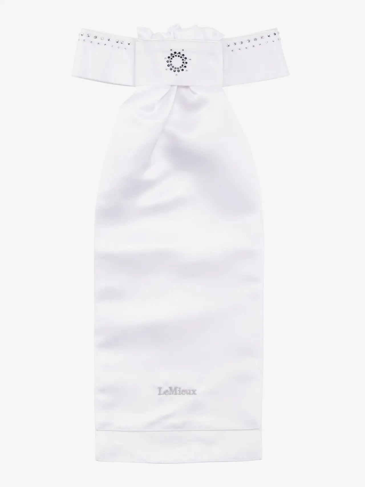 LeMieux Brilliance Stock: White satin ready-tied tie with rhinestones for equestrian competitions.