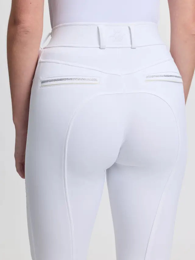 LeMieux Brilliance Knee Grip Breeches White - Close-up of rear view showing sparkle detail and knee grip.