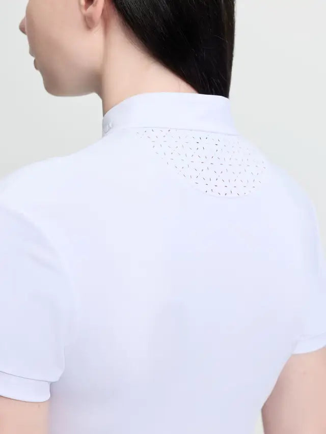 White short sleeve young rider show shirt with perforated detail on back yoke