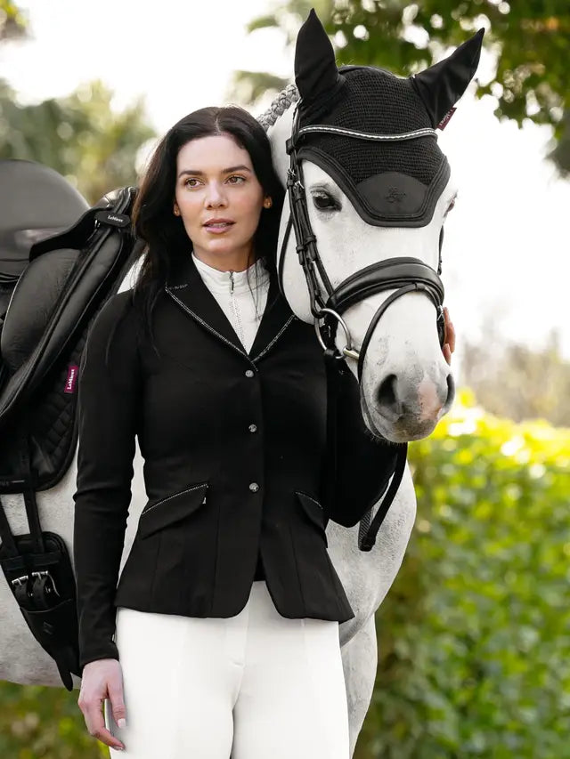 LeMieux Brilliance Diana Ladies Show Jacket Black on woman with horse