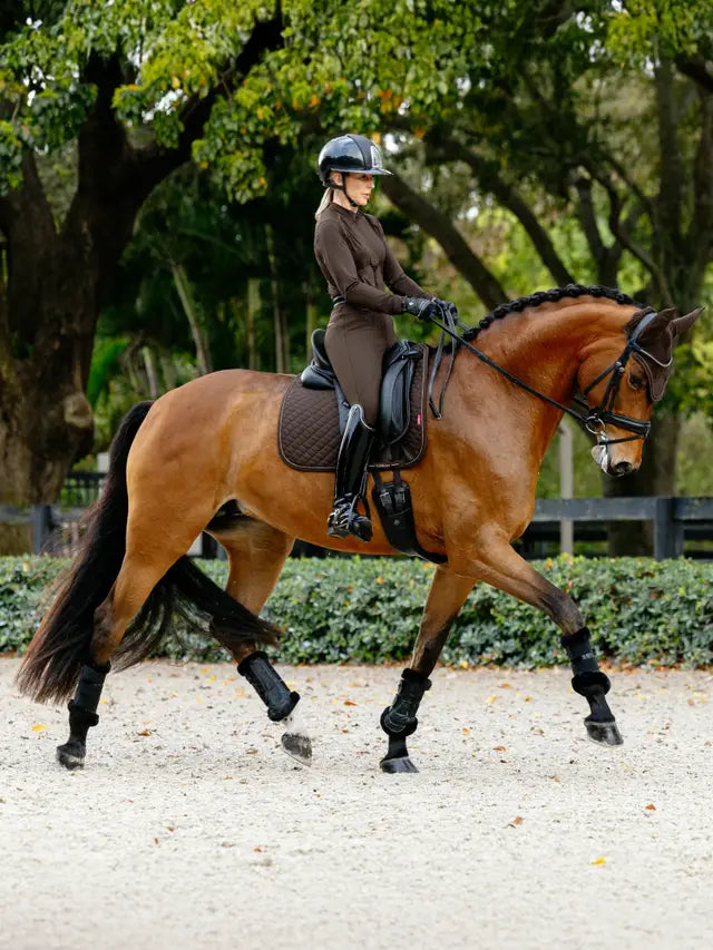 Equestrian: Rider on brown horse with LeMieux Brilliance Dressage Square Espresso saddle pad, performance-focused.