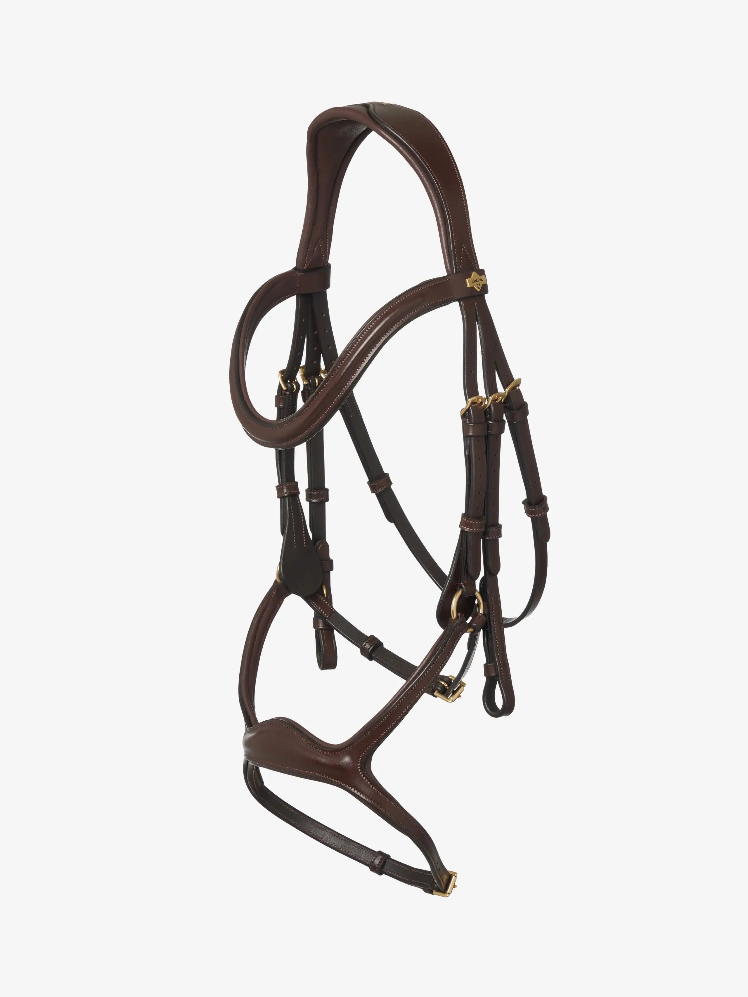 LeMieux Kudos Sport Bridle in Havana brown leather with brass fittings for horses.