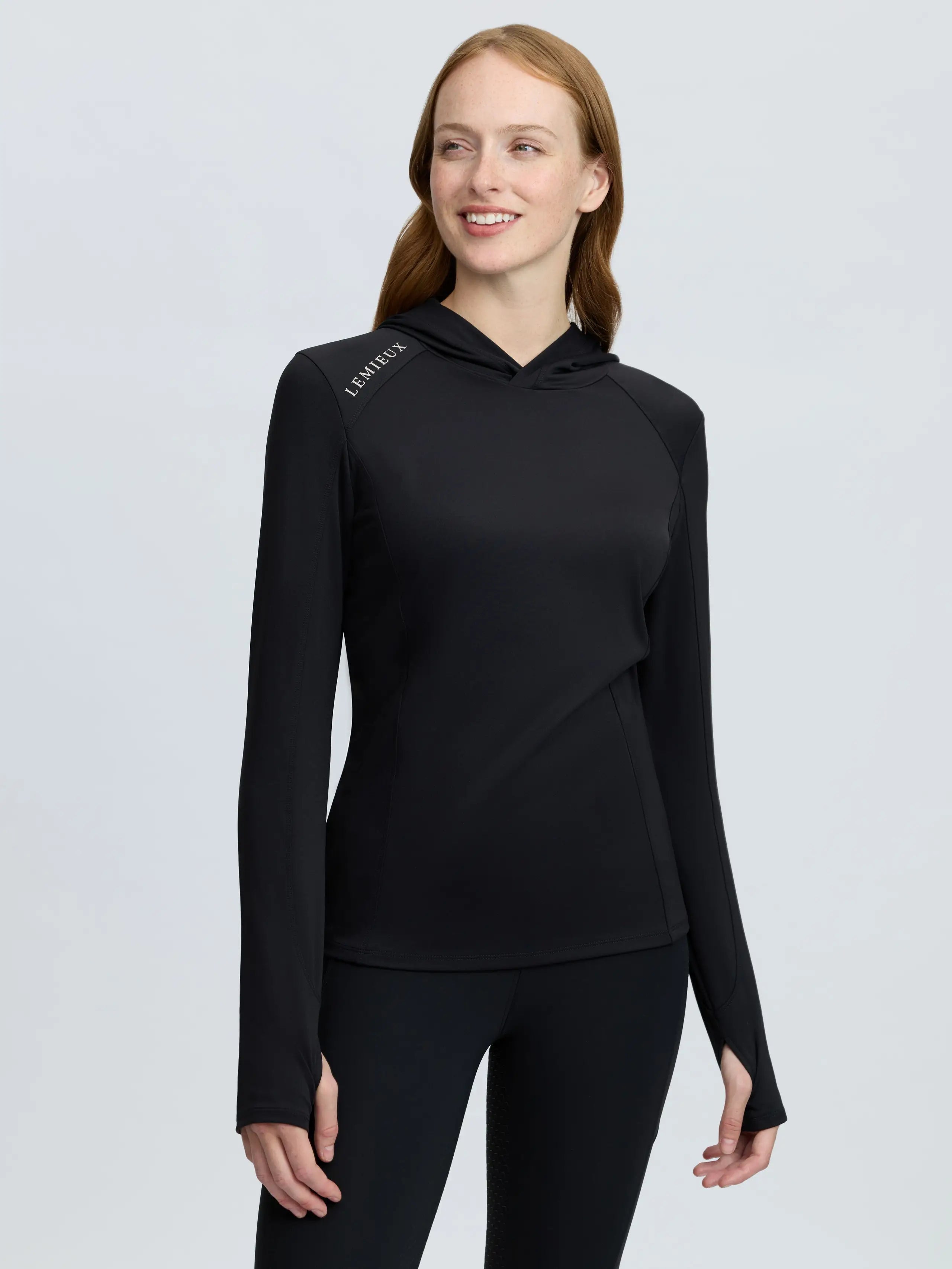 LeMieux black hooded mid layer training top with UV40+ protection for riding, running, and walking.
