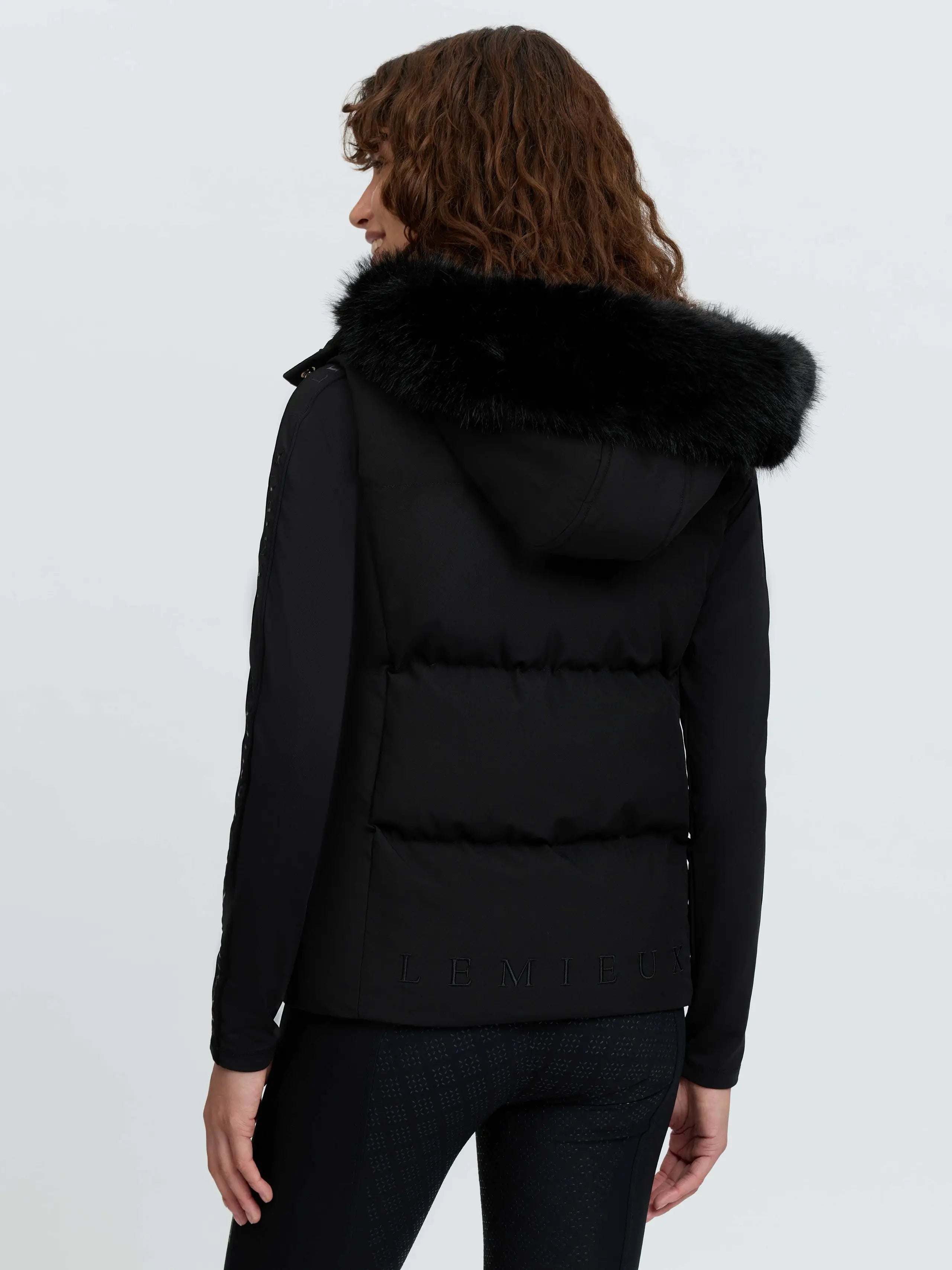 Black LeMieux Margot Puffer Gilet with Faux Fur Hood - Back View