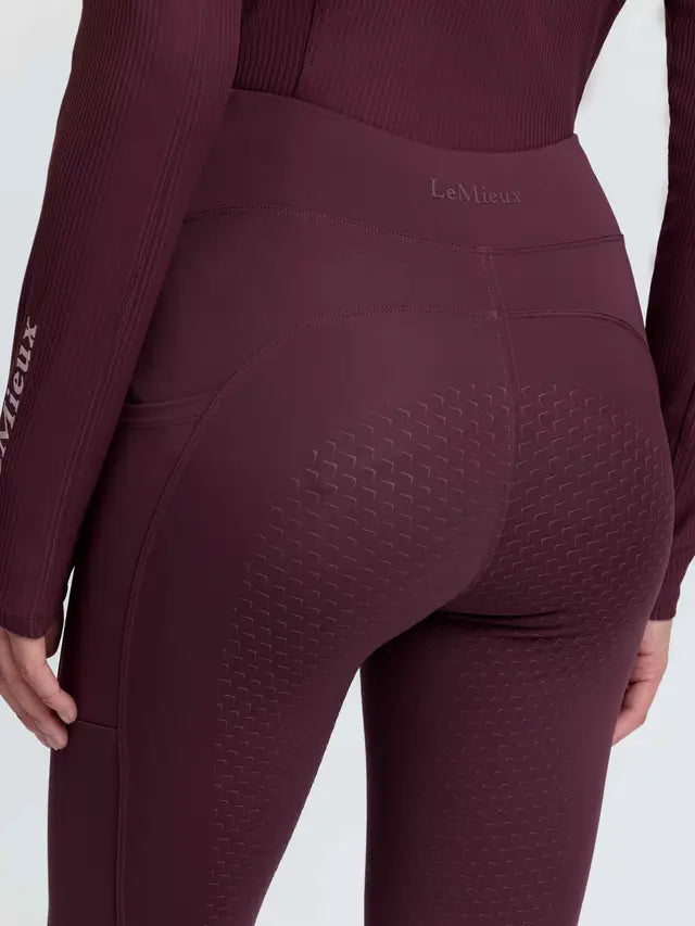 LeMieux bramble brushed riding leggings with patterned silicone full seat and high waist.