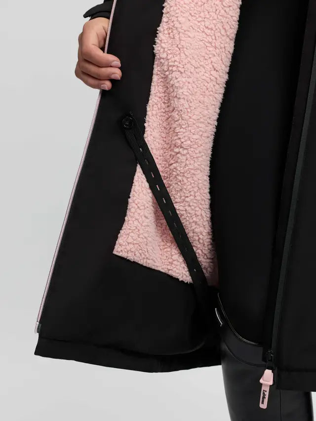Black LeMieux Young Rider HydroShield Robe with pink fleece lining, adjustable strap and zipper detail.