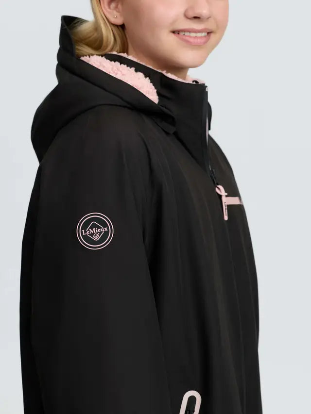 LeMieux Young Rider black waterproof robe with pink fleece lining