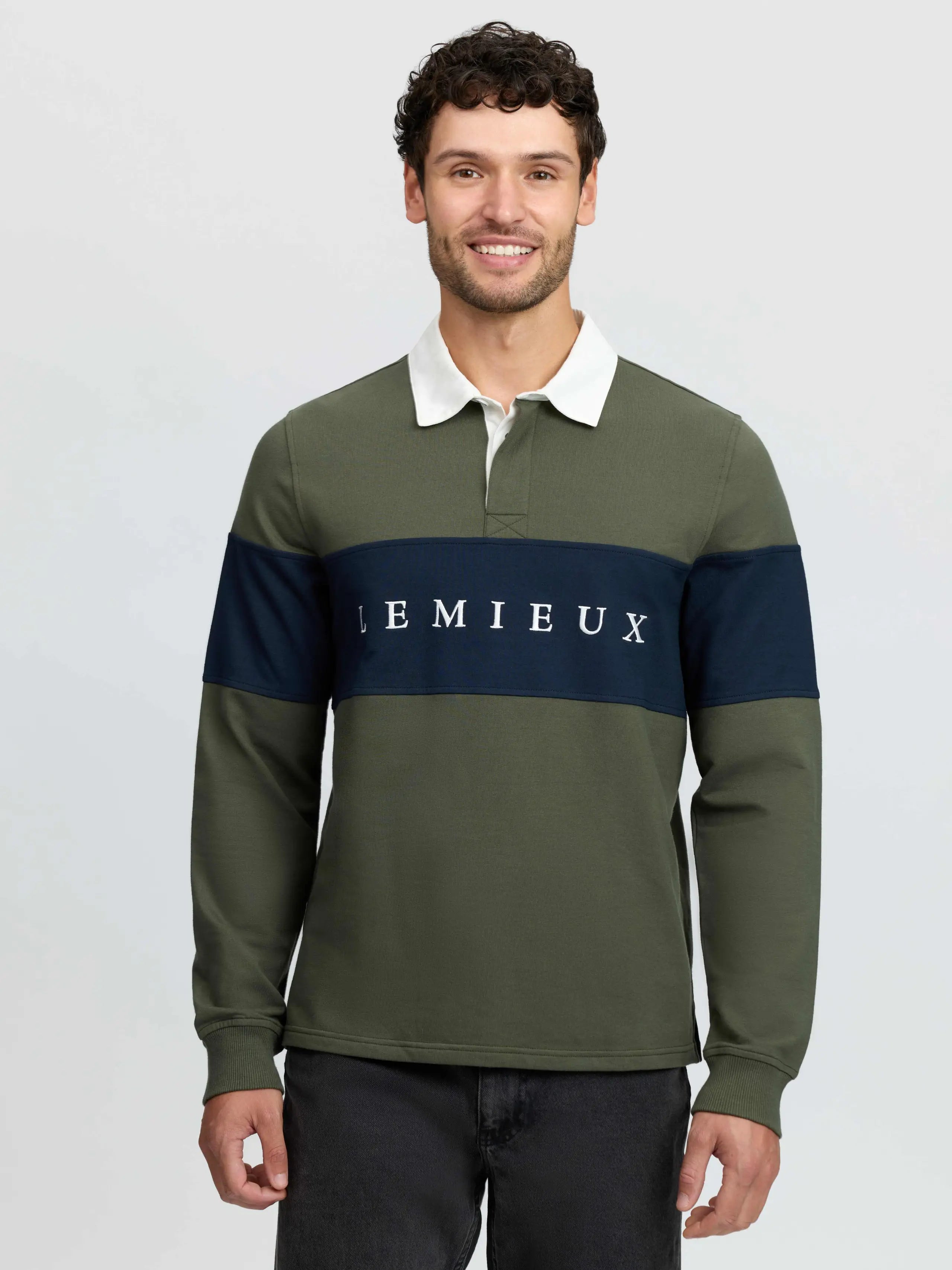 LeMieux men's olive green and navy long sleeve rugby shirt with white collar