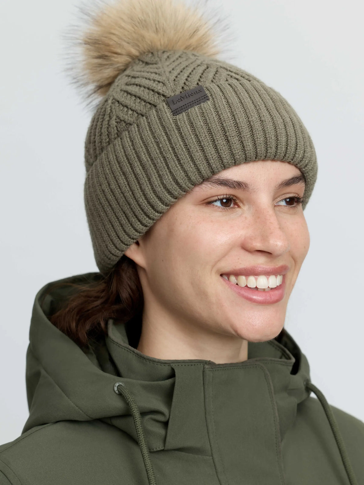 LeMieux Clara Knit Beanie Willow Green - cozy winter equestrian hat with pom pom