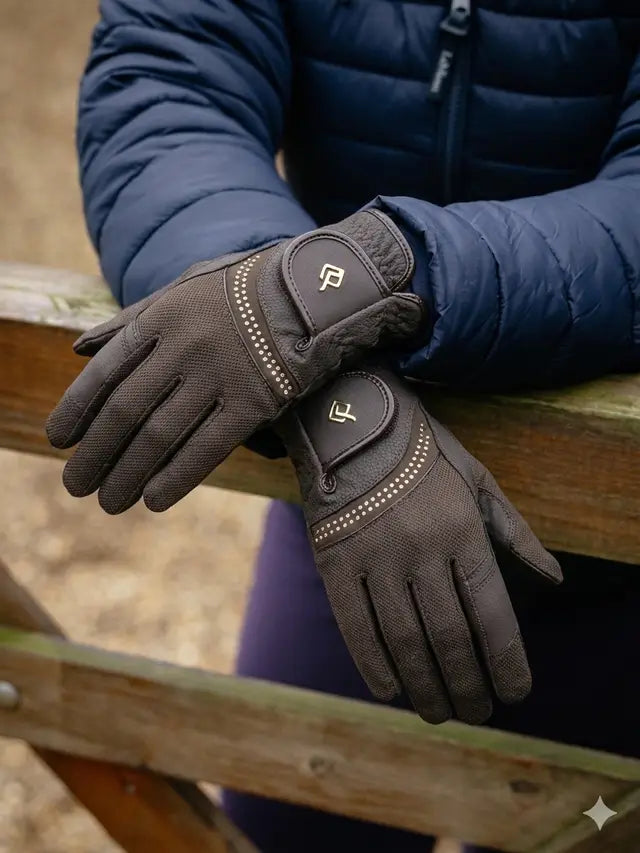 Lemieux Crystal Gloves Espresso - Breathable equestrian riding gloves with excellent grip and crystal detail.