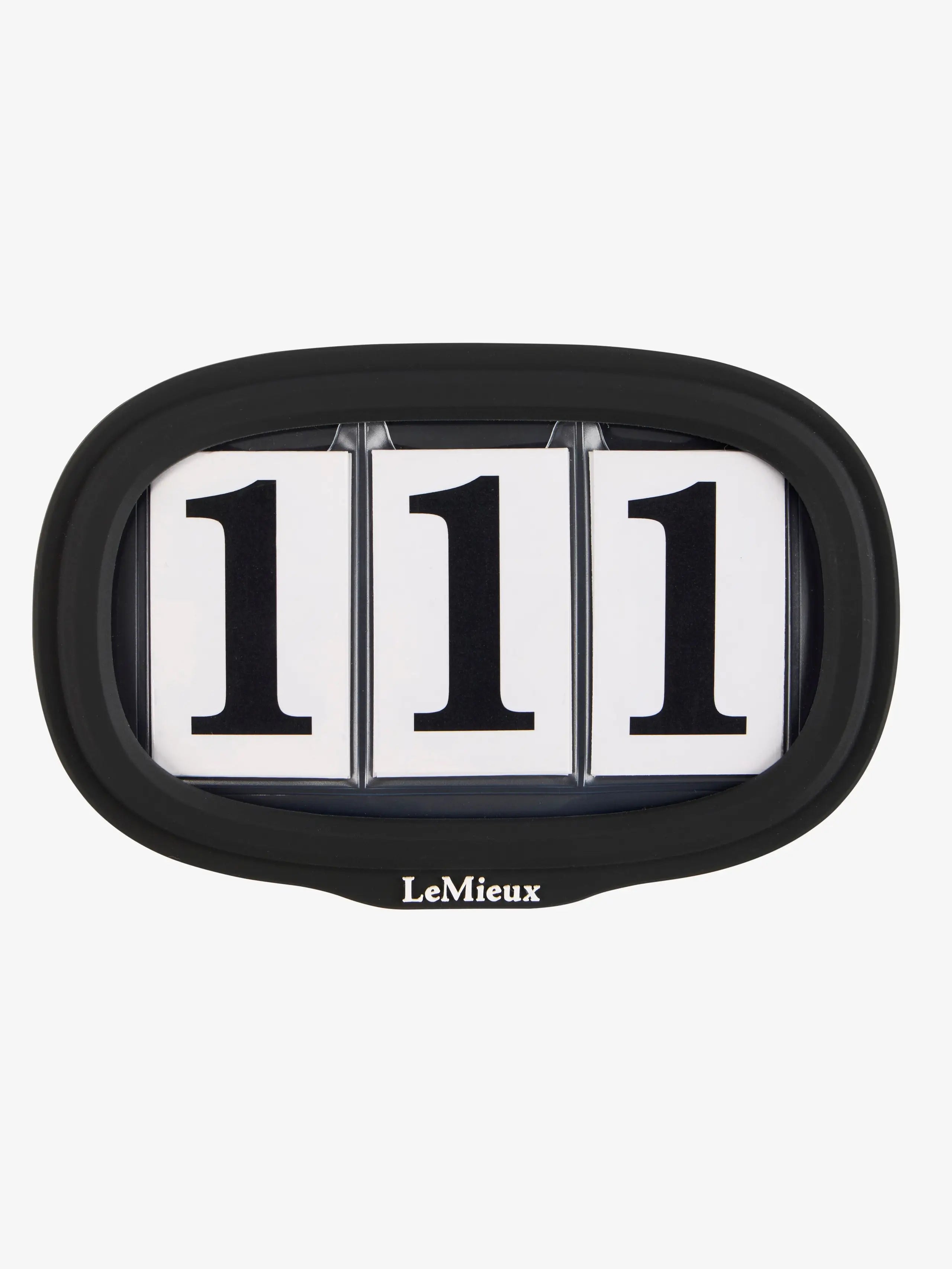 LeMieux black saddle number holder with "111" for equestrian competitions