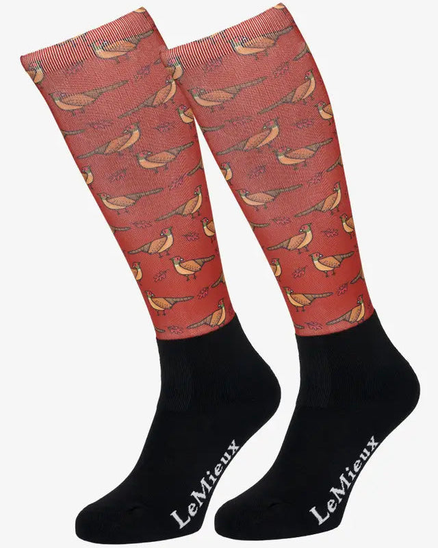 LeMieux Footsie Socks - Pheasant Sienna Junior Riding Socks. Comfortable kids equestrian socks with a unique pheasant pattern.