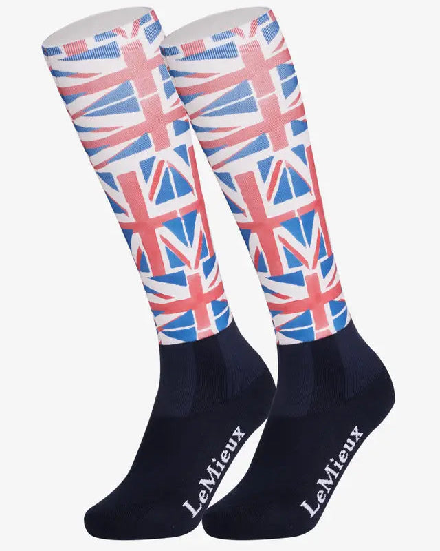 LeMieux Union Jack Socks: Navy blue socks with British flag design. Comfortable riding socks from Equiflair.