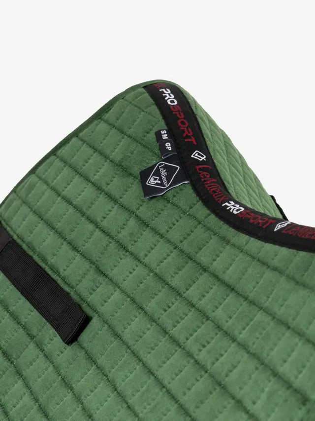 Lemieux Suede GP Square Saddle Pad - Hunter Green. Close up detail of the luxury saddle pad with ProSport logo and size label.