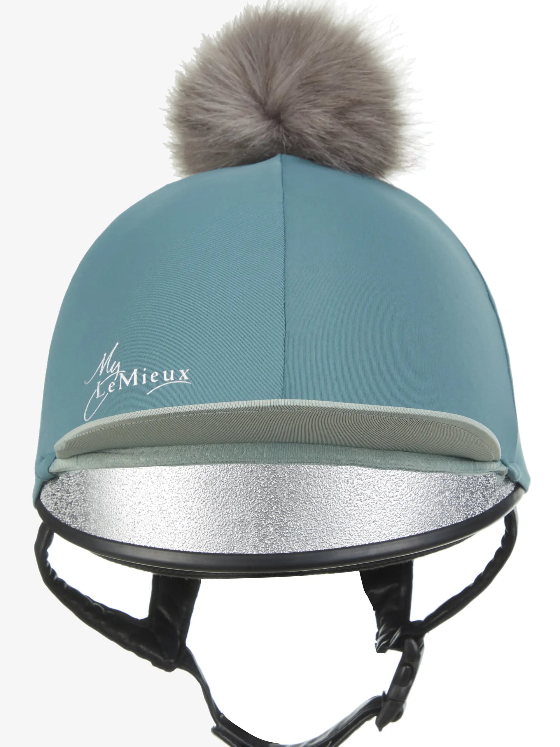LeMieux Pom Hat Silk Sage: Equestrian Riding Helmet Cover with Detachable Faux Fur Pom Pom - Stylish Horse Riding Accessory