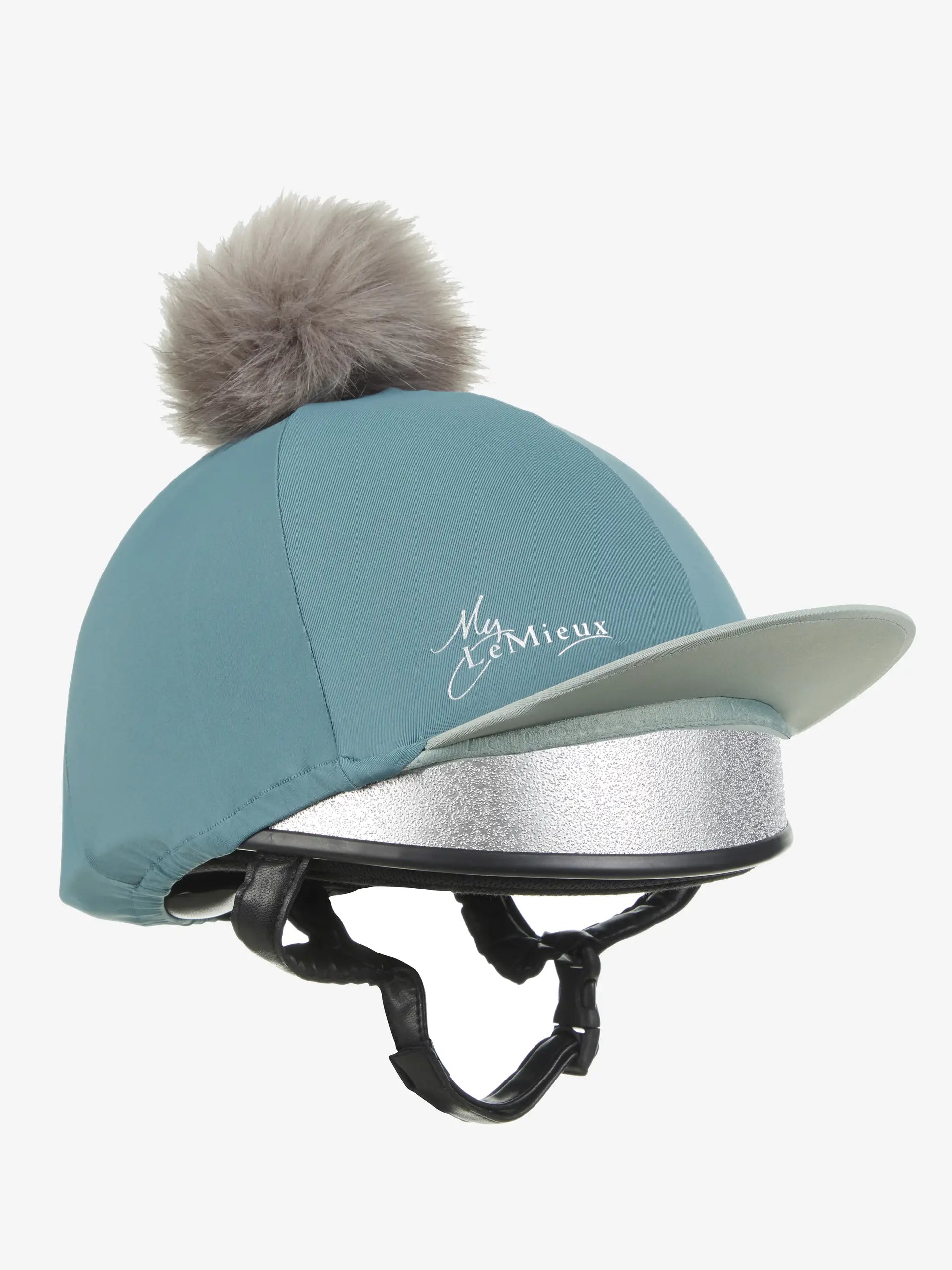 LEMIEUX Pom Hat Silk Sage Equestrian Helmet Cover with Detachable Faux Fur Pom Pom - Equiflair