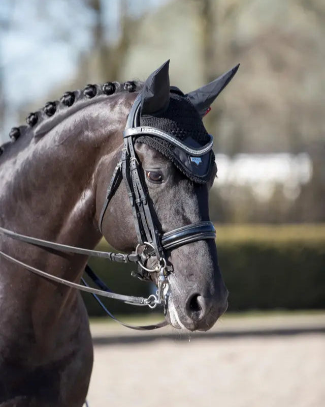 LeMieux Loire Fly Hood Black: Stylish equestrian horse headwear for dressage, from Equiflair