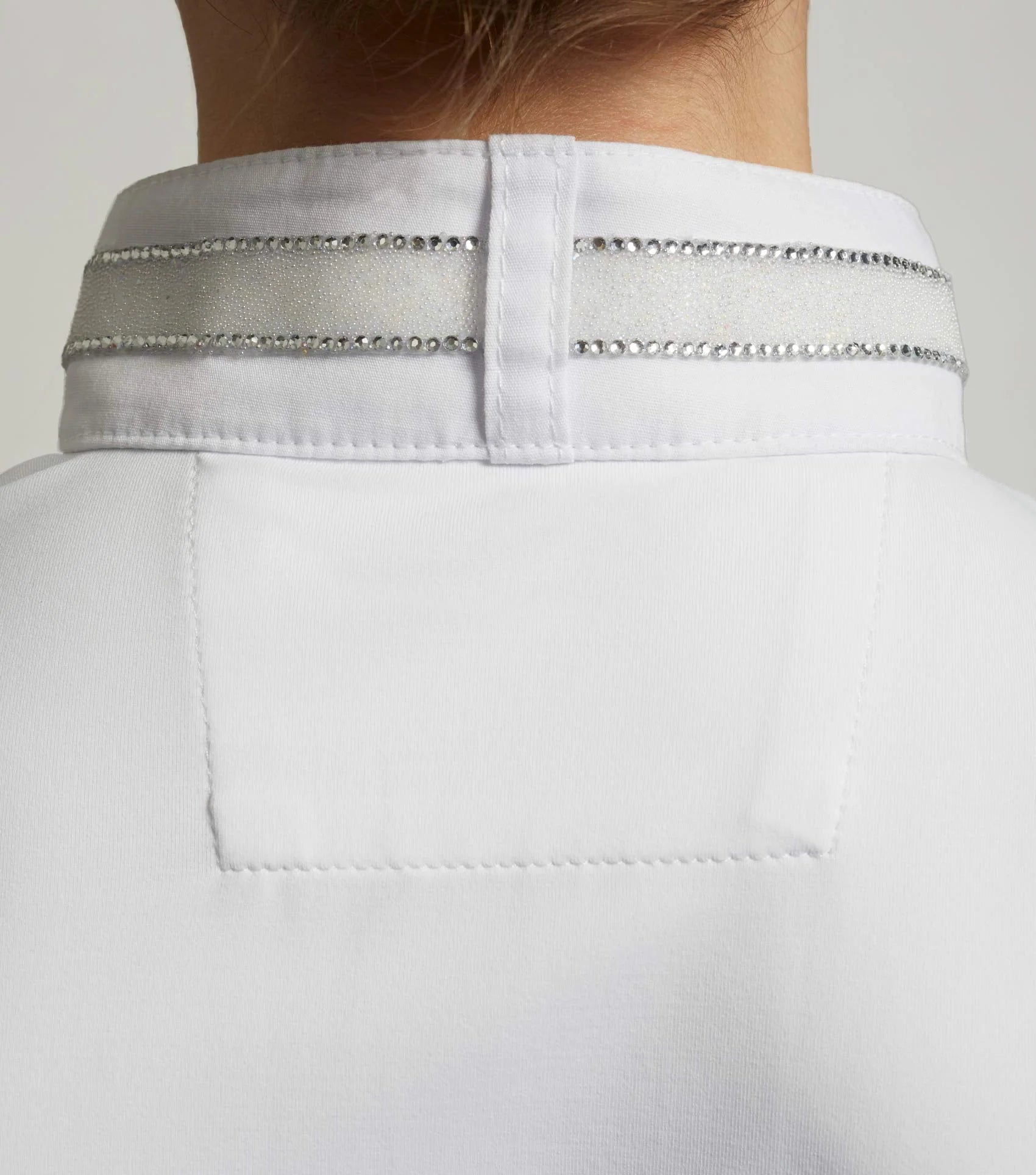 Premier Equine Girls Diamante Show Shirt White: Stylish equestrian competition apparel for young riders, featuring sparkling crystal detail.