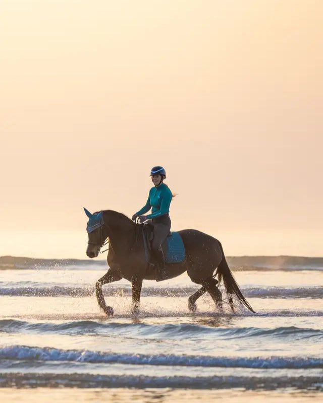 LEMEIEUX Suede Dressage Square Peacock on horse at beach, Equiflair. Dressage pad in blue. Riding tack equestrian equipment.
