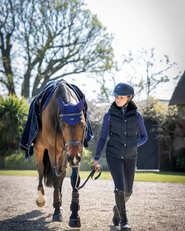 LEMIEUX LOIRE FLY HOOD INK BLUE: Horse fly hood, woman with horse, Equiflair. Equestrian fashion.