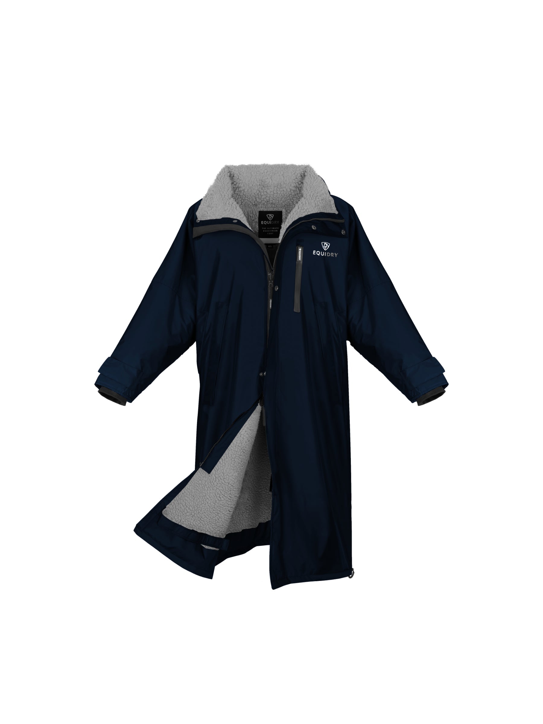 EQUIDRY women's thick fleece long waterproof horse riding coat in navy/grey