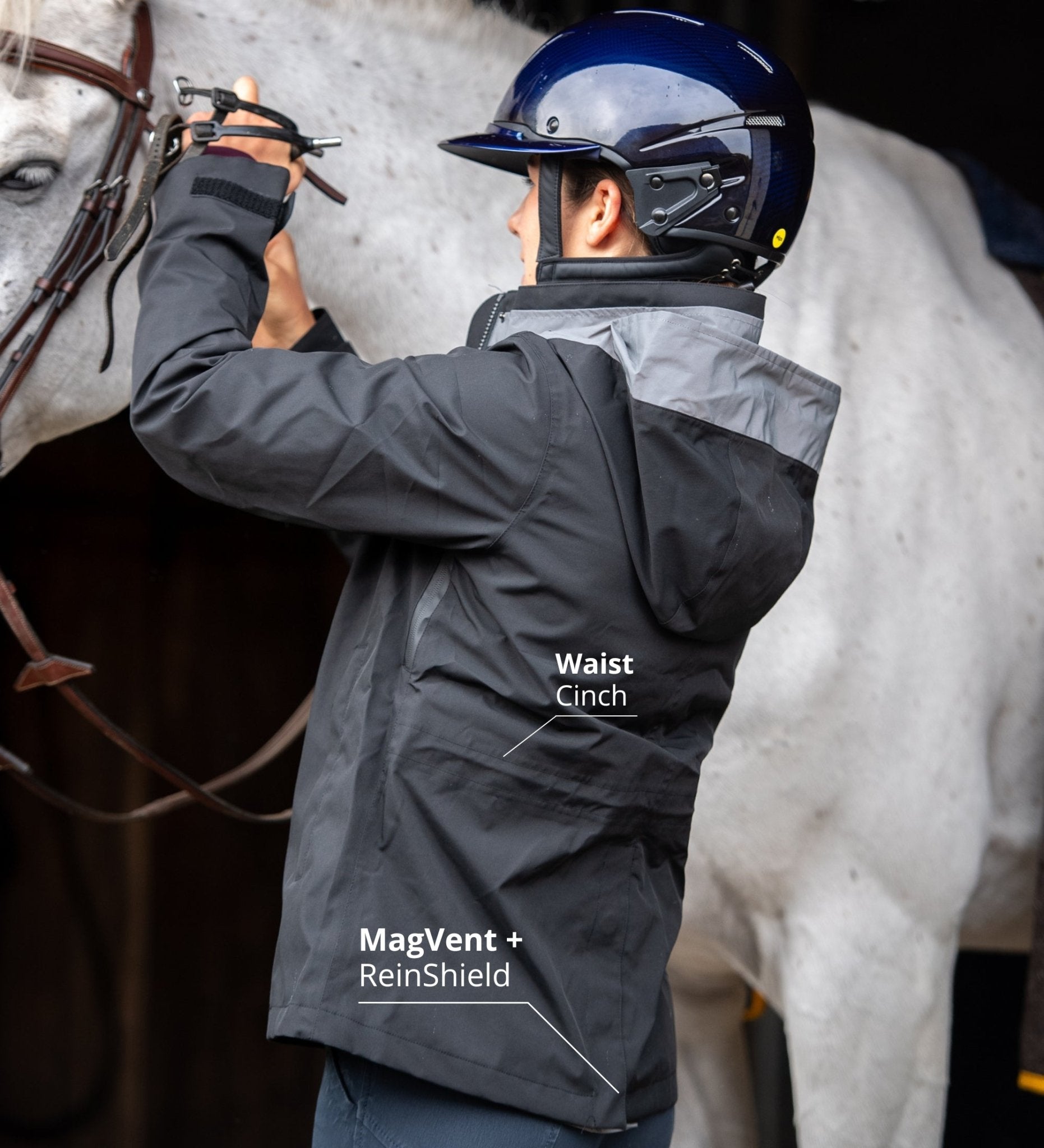 Reincoat Air Black Waterproof Jacket for Horse Riding. Equestrian Coat with Waist Cinch & MagVent. Adult Size. - X-Large