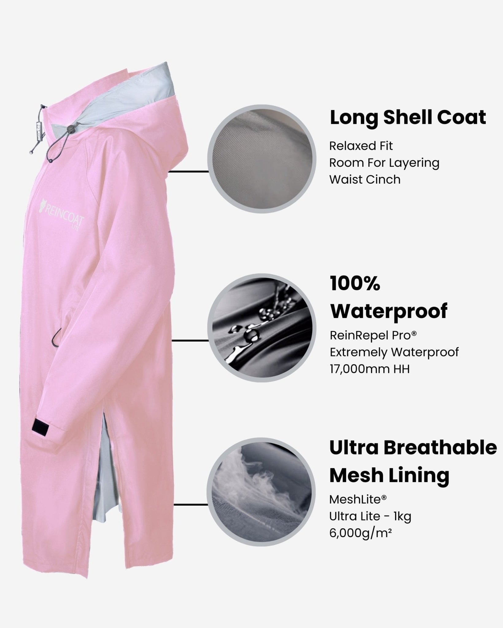 REINCOAT Lite Adult Pink Long Shell Raincoat: Waterproof, Breathable Equestrian Jacket - Small