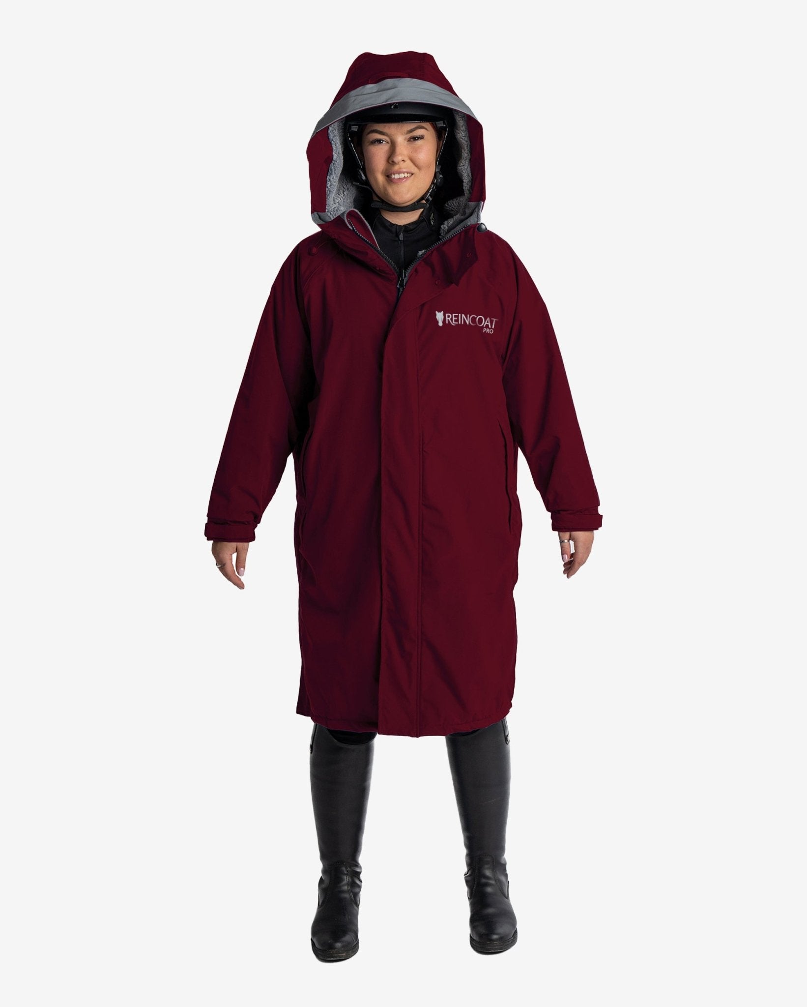 Reincoat Pro Equestrian Coat - Burgundy Riding Rain Gear with Fleece Lining, Waterproof Hood & Pockets