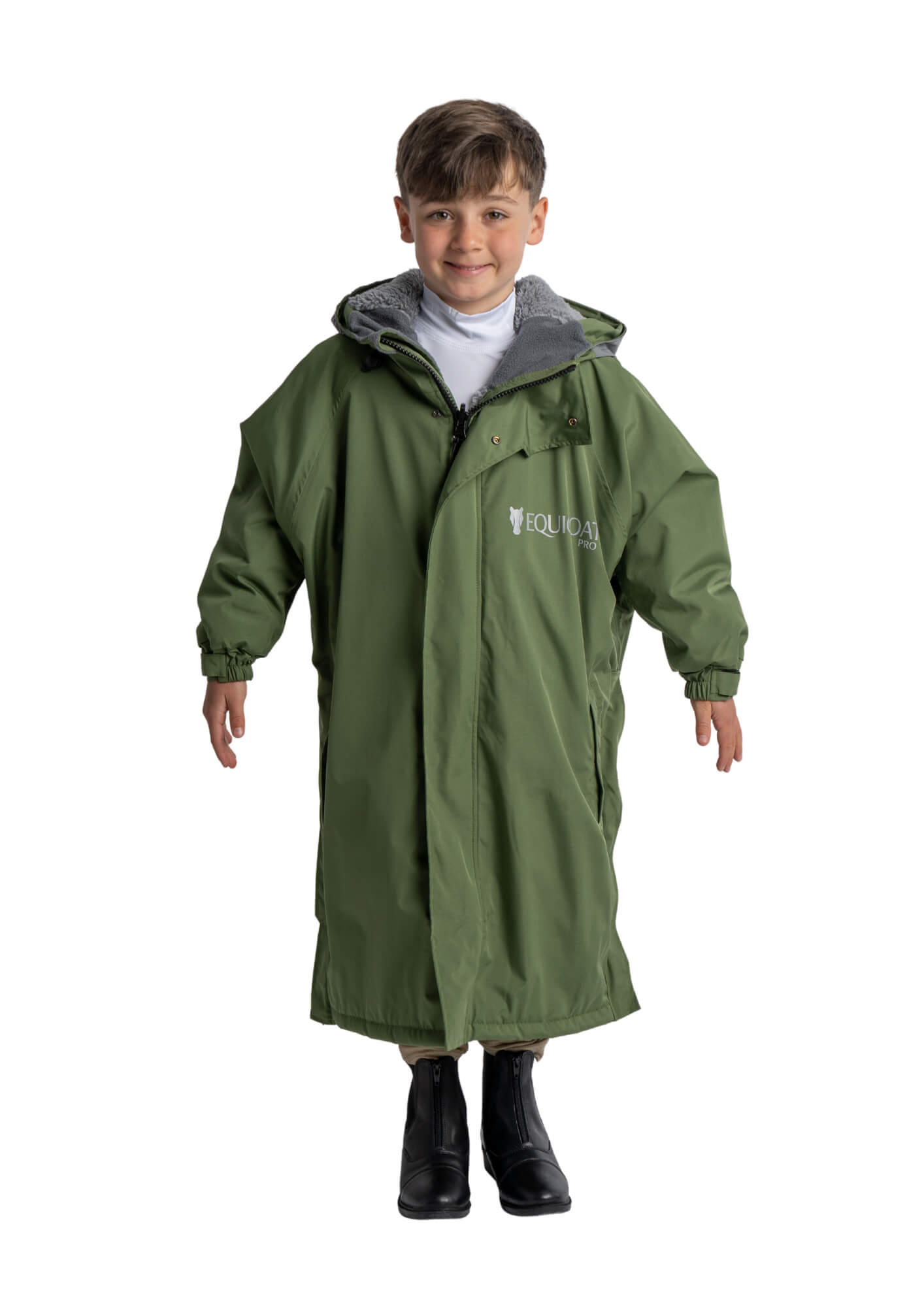 Equiflair Reincoat Pro Kids Olive: Waterproof, Warm Fleece Lined Riding Coat for Children. EquiOat Pro logo on the coat.