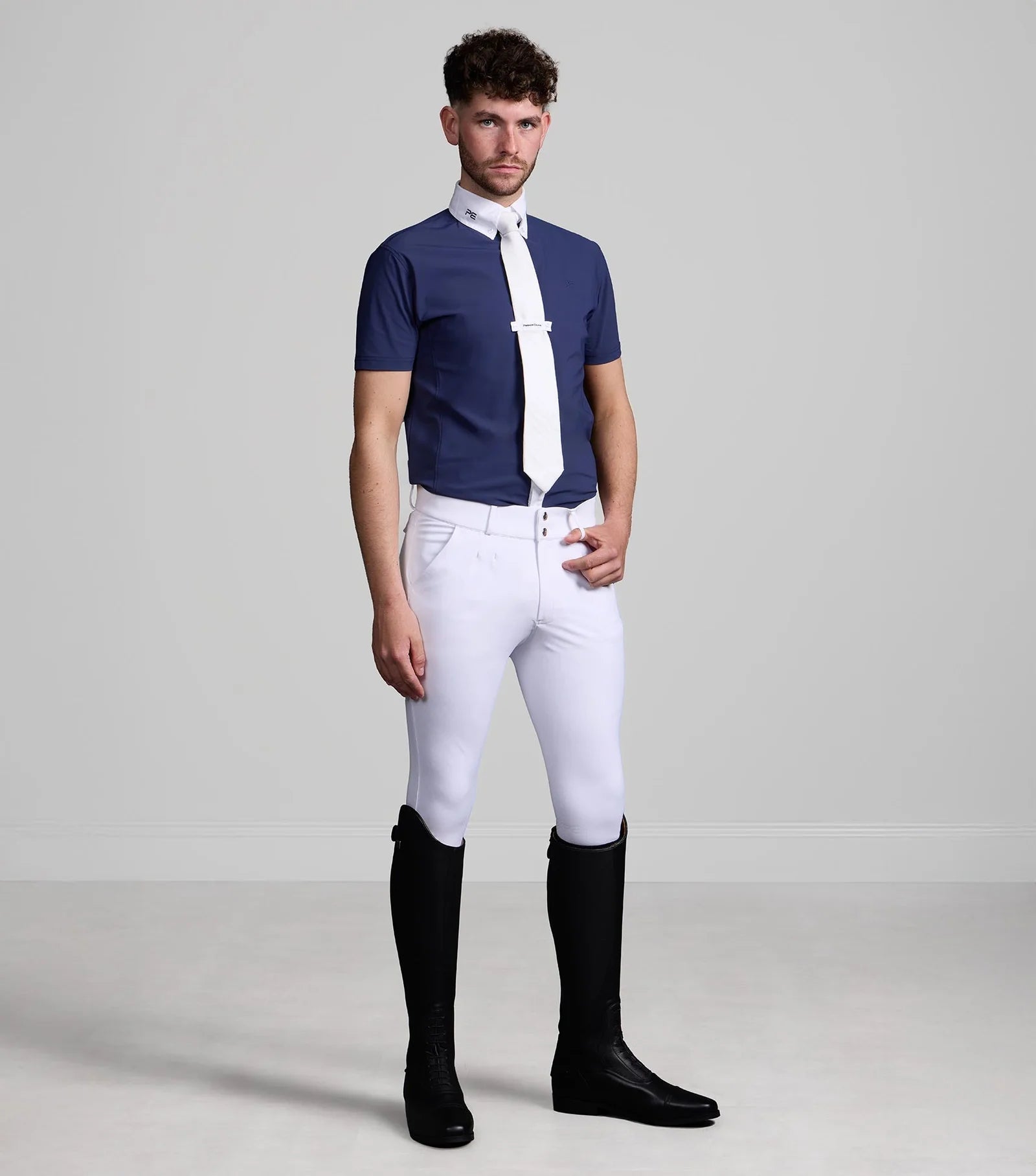 Premier Equine Rubato Men's Show Shirt: Navy Blue Competition Shirt, White Breeches, Riding Boots, Equestrian Apparel