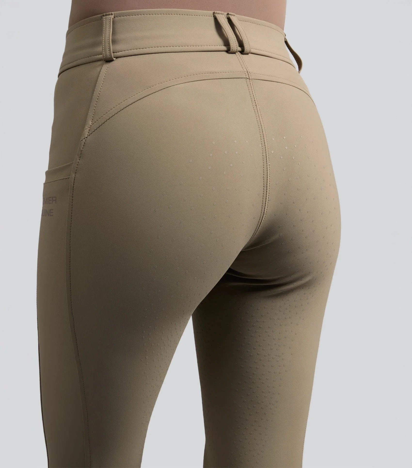 Premier Equine Salento Womens Riding Breeches (Timberwolf) - Back View. Equestrian apparel, full seat gel, comfortable fit.