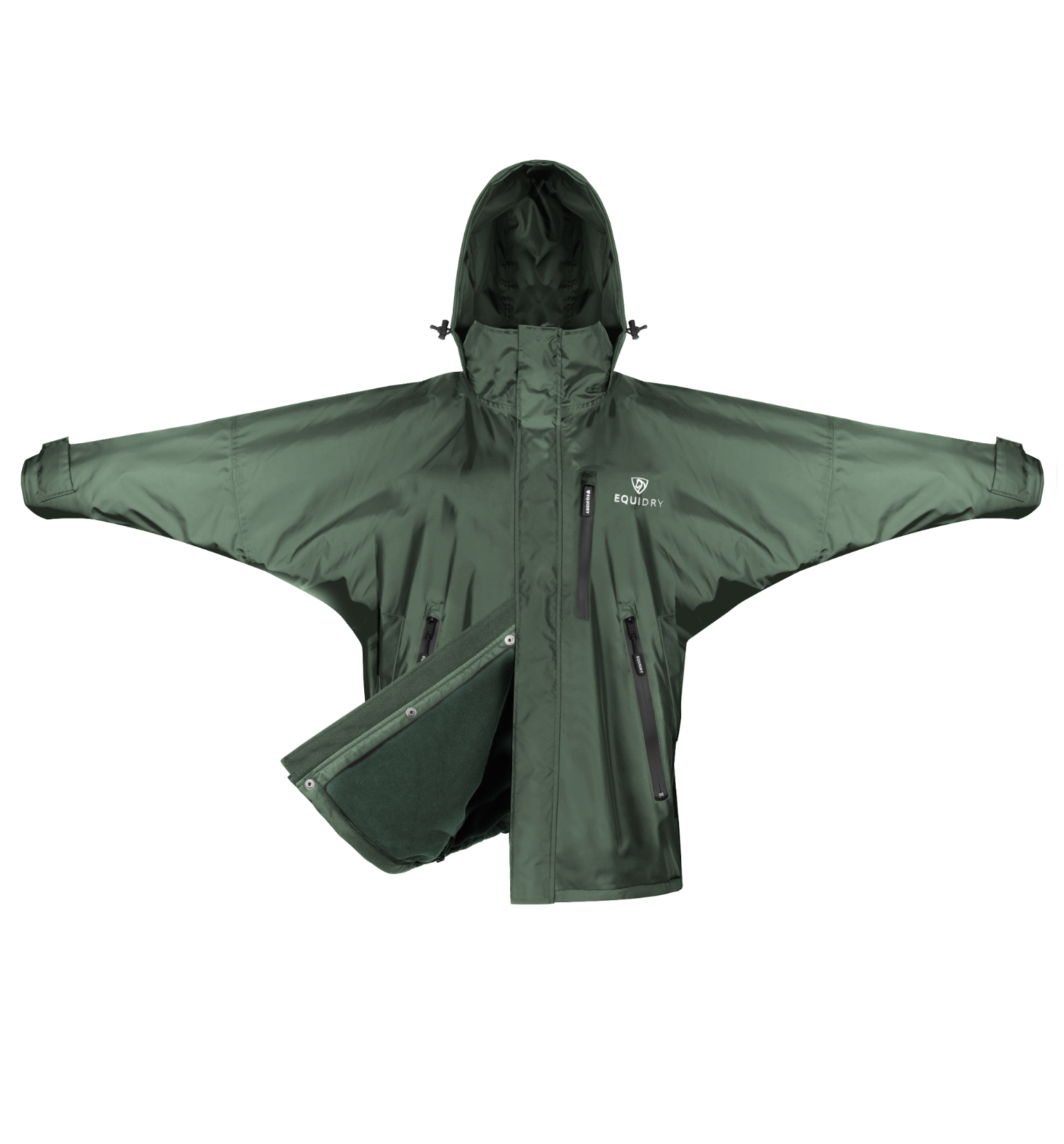 Shortie Child's Oversized Short Waterproof blouson style Riding Jacket Thin Fleece Lining Stowaway Hood in black forest green