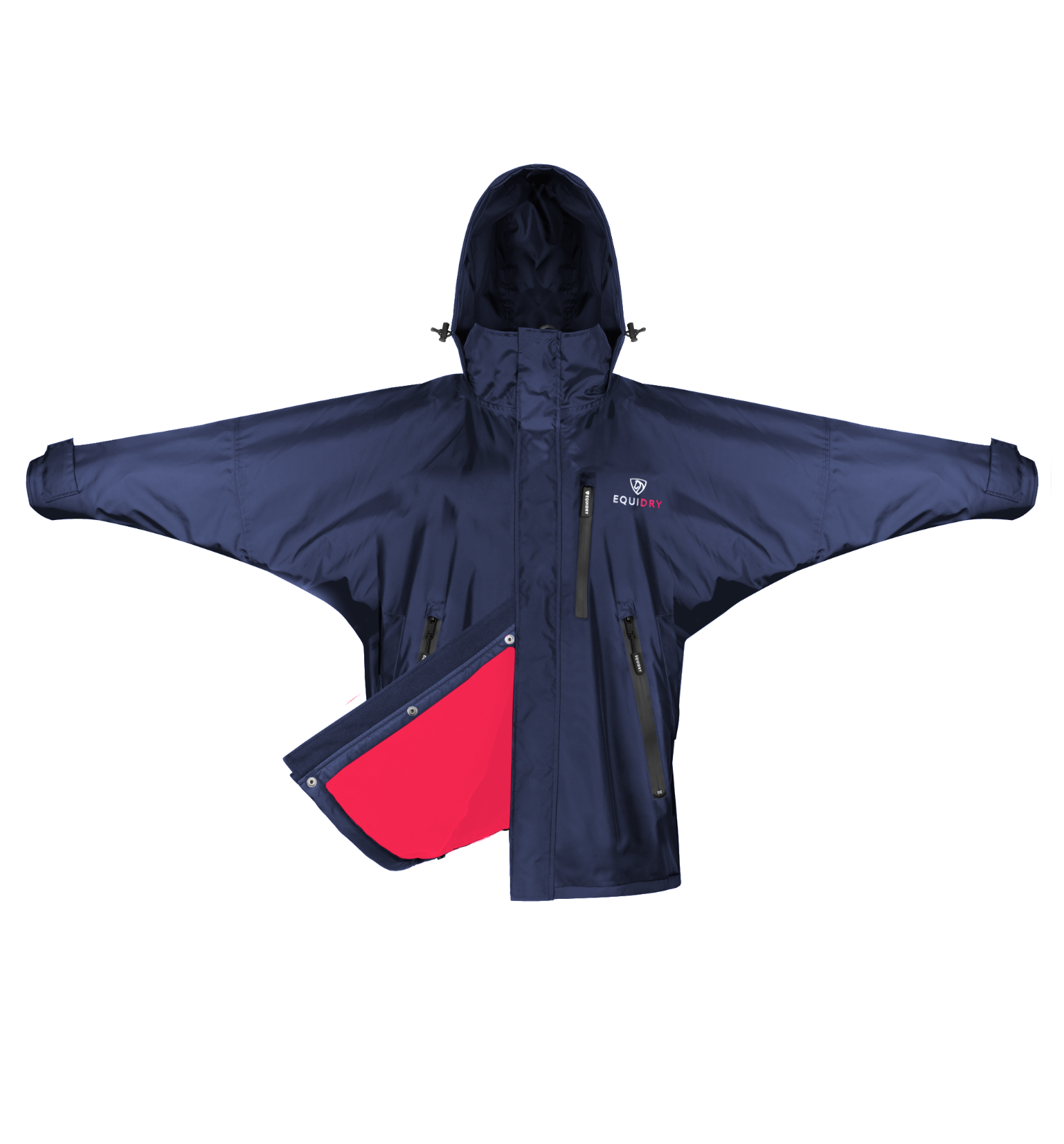 Shortie Child's Oversized Short Waterproof blouson style Riding Jacket Thin Fleece Lining Stowaway Hood in navy/raspberry