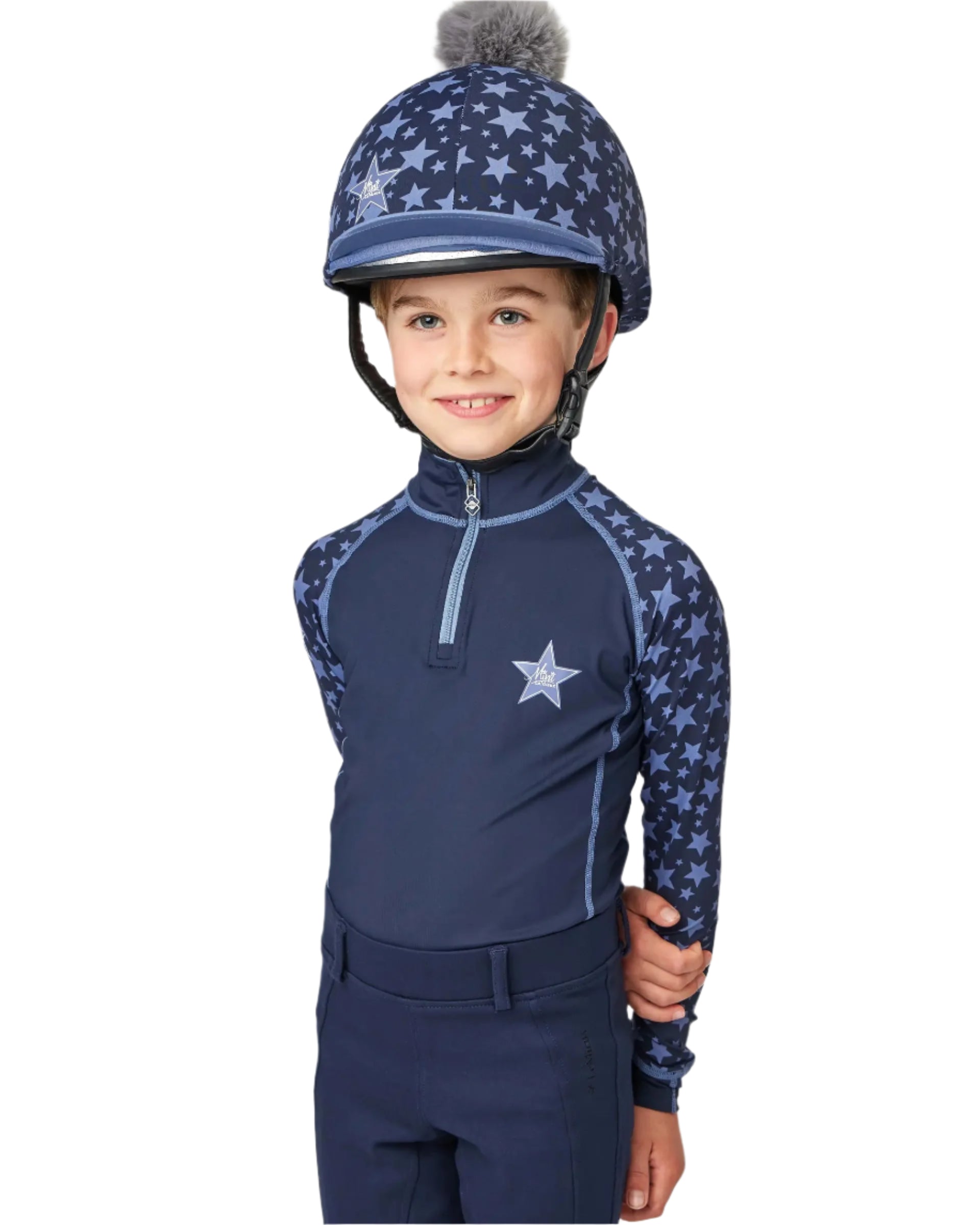 LeMieux Mini Base Layer Indigo Equestrian Riding Shirt & Star Helmet on Young Child - 7-8 years