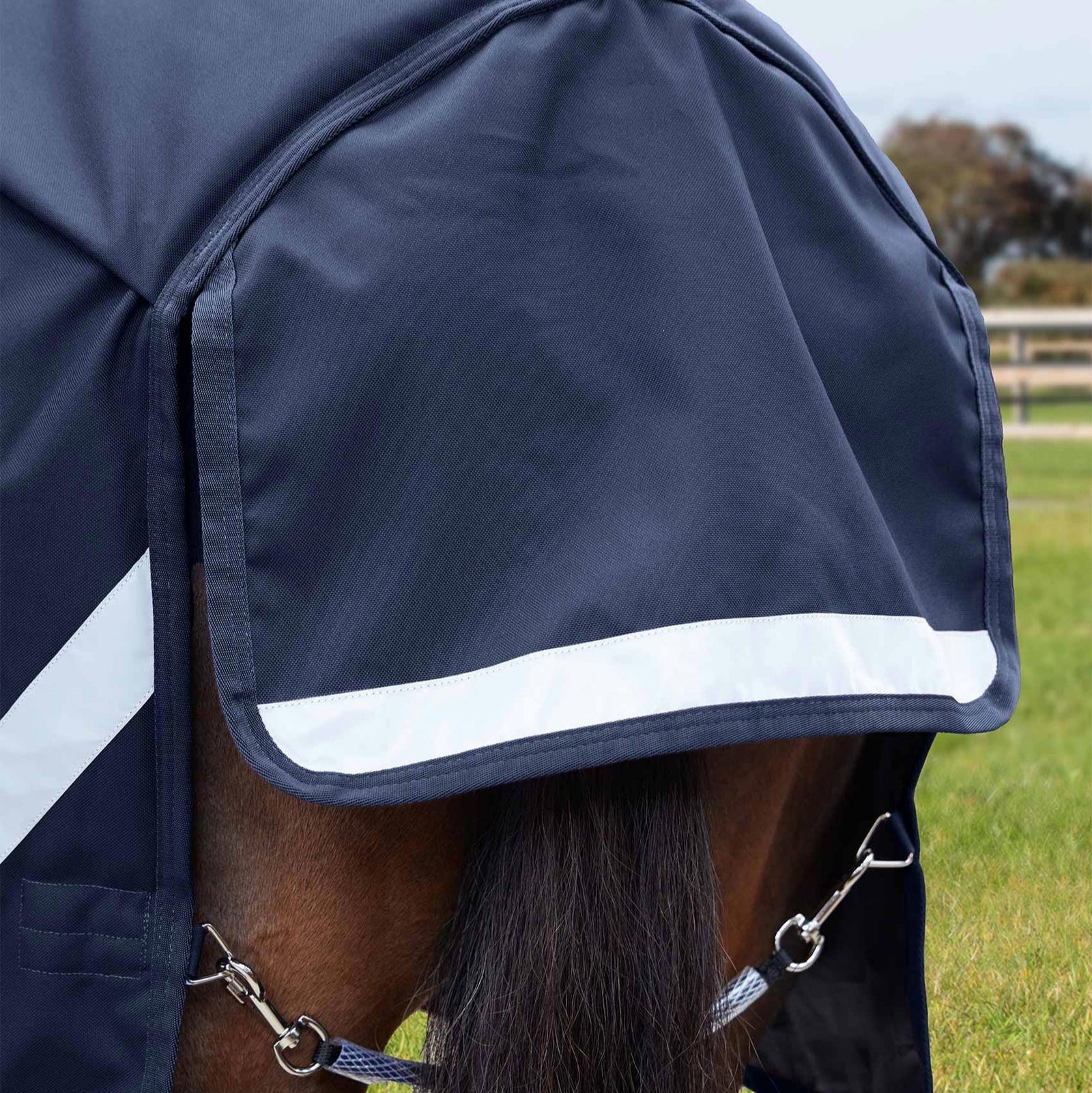Premier Equine Stratus Navy Horse Turnout Rug with Neck Cover, 400g Waterproof, Reflective Detail